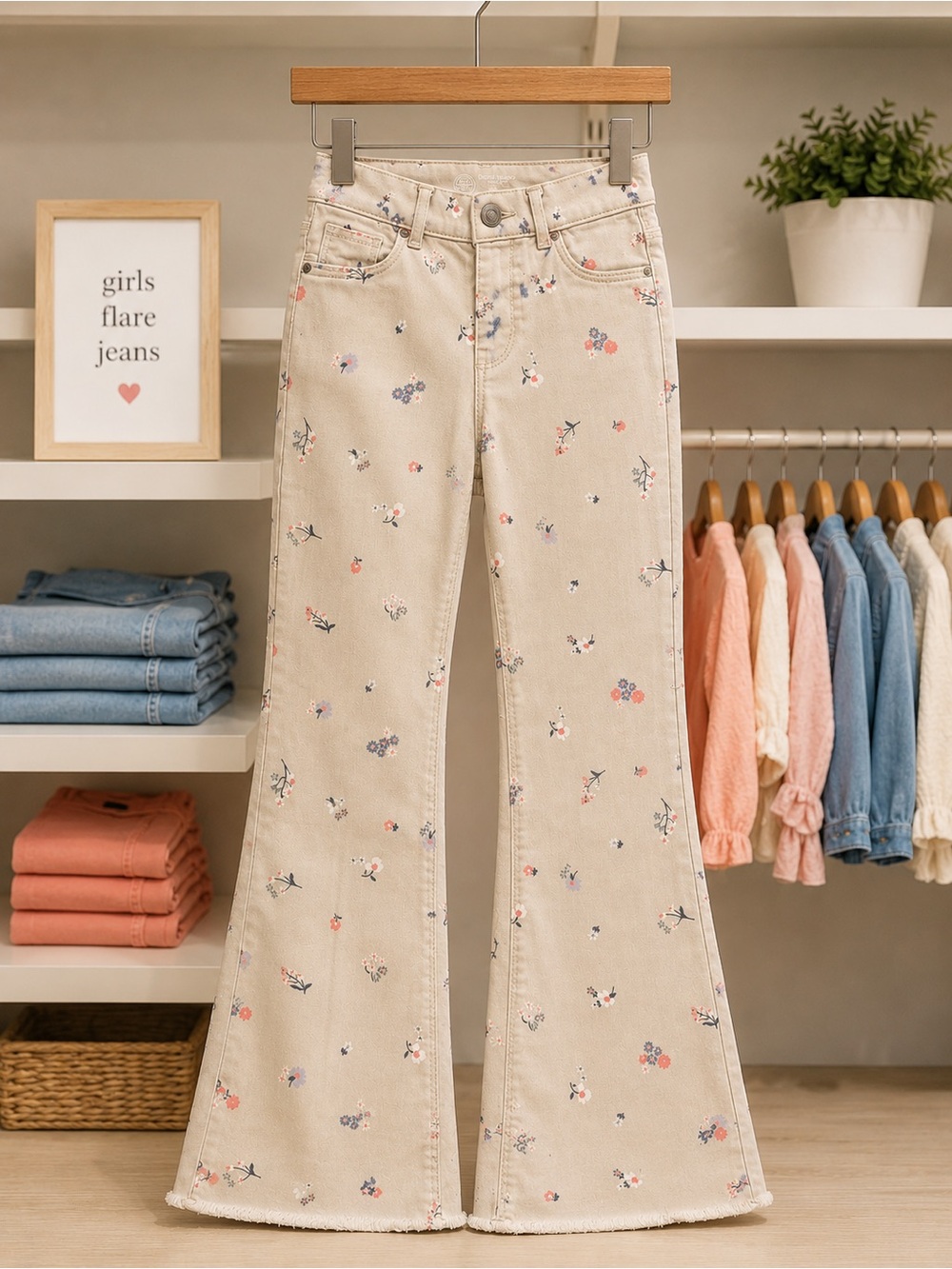 Girls Beige Floral Flare Jeans